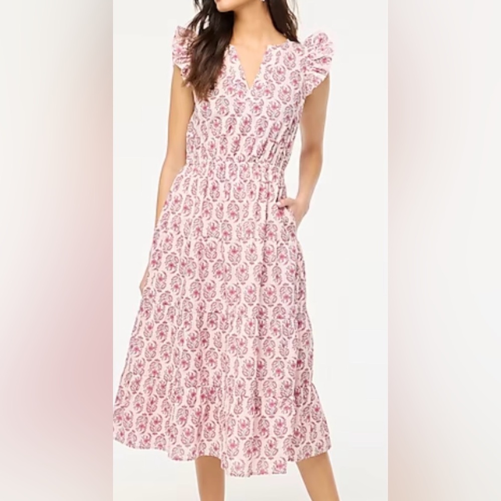 J Crew Revolve Women’s Ruffle Midi Cotton Tiered Pink Floral Prairie Dress 8 Med